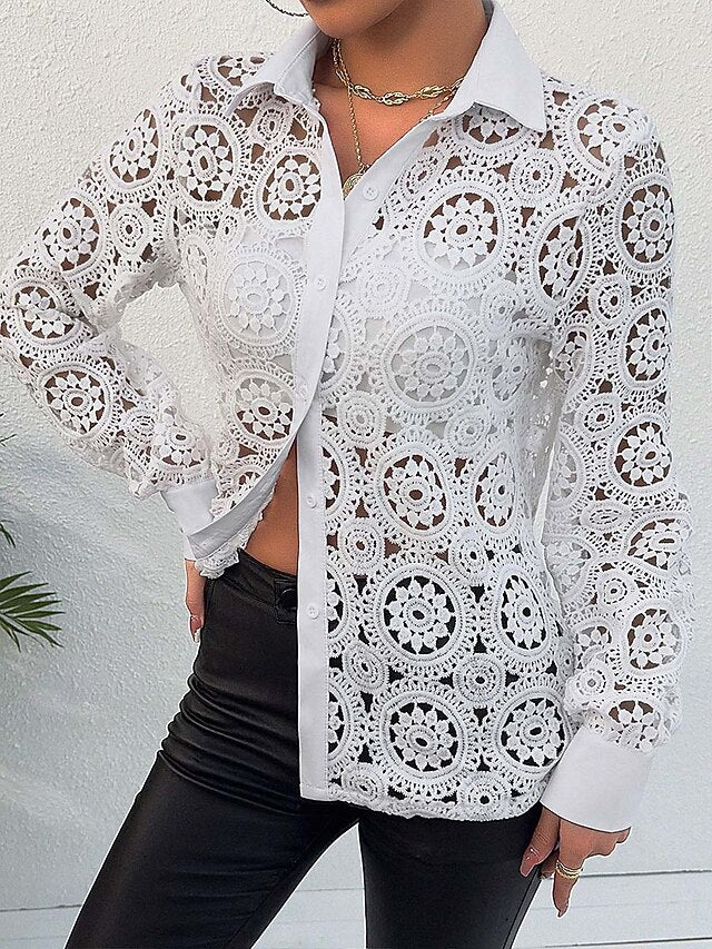 Women's Lace Splicing Top Elegant Long Sleeve V Neck