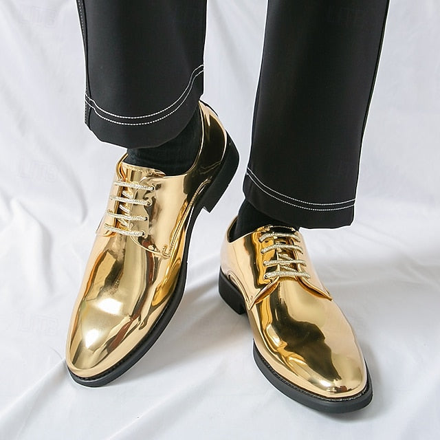 Gold – for Lace-Up Sleek Shoes Leather Men Patent Shiny