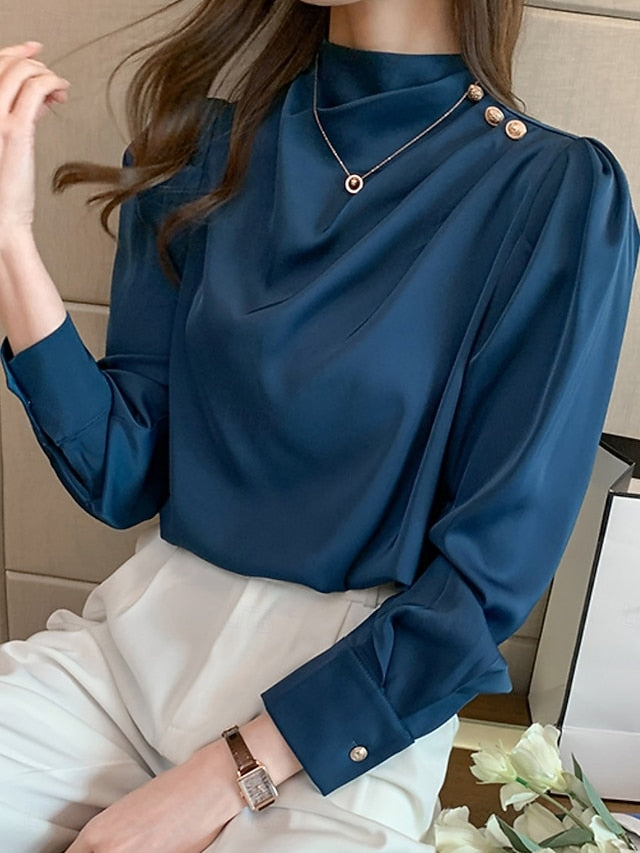 Women's Shirt Elegant Dressy Satin Top Buttons Solid Color