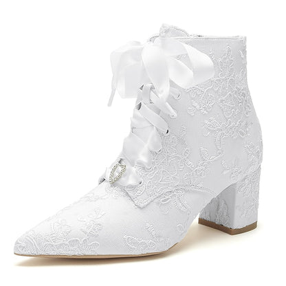 Women's White Floral Lace-Up Embroidered Booties Bridal –