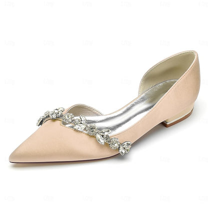 and Wedding Flat with Pointed Toe Shoes White Satin Crystal