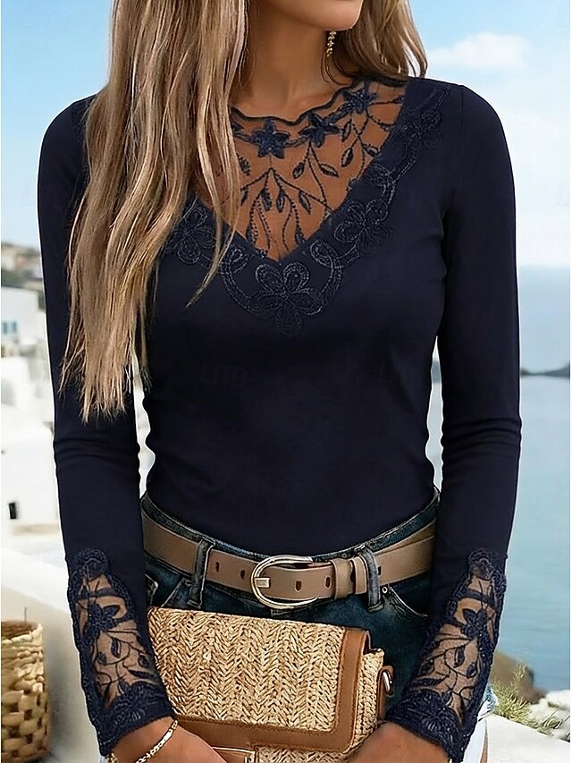 Women's T Shirt Burgundy Tee Mesh Patchwork Top Lace