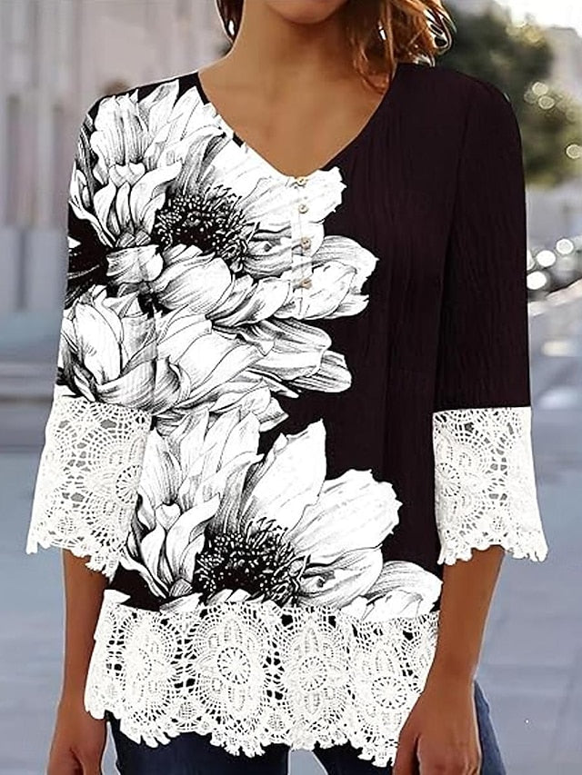 Women's Elegant Lace Tops Eyelet Blouse Casual Ombre Floral