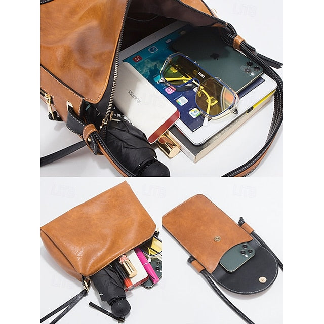 Faux Leather Shoulder 4-Piece Handbag Bag Women's – Set