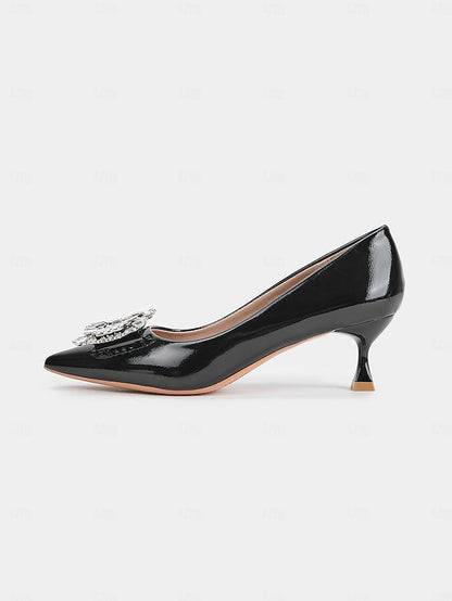 with Crystal Leather Patent Black Pumps Women's Embellished