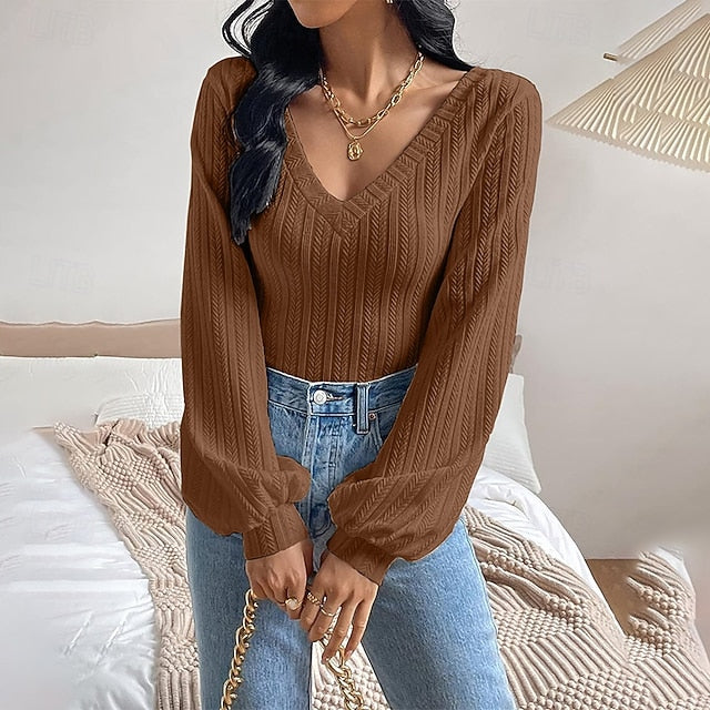 Women's Cable Knit T-Shirt Solid Color Cute Stylish Casual
