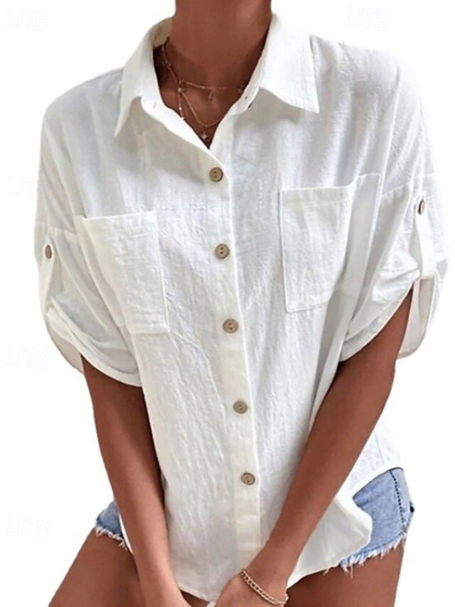 Women's Cotton Linen Shirts Blouse Pocket Buttons Plain
