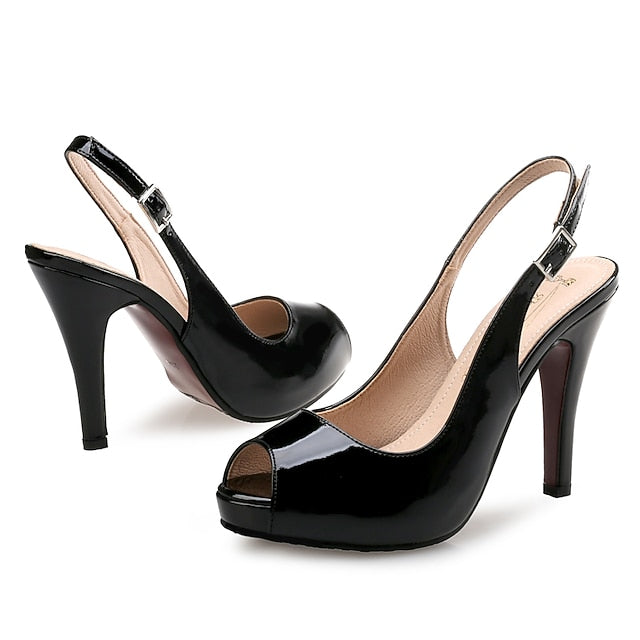 Leather Slingback Heels High Peep-Toe Patent Black Women's