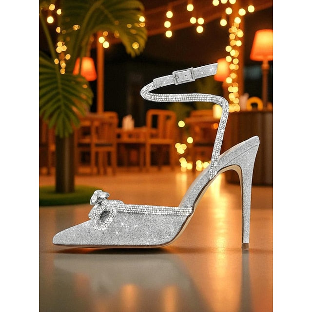 with Heels Bow Rhinestone Stiletto Women's and Black Satin