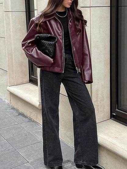 Zipper Women's Pocket Leather Jacket Comfortable Warm Faux