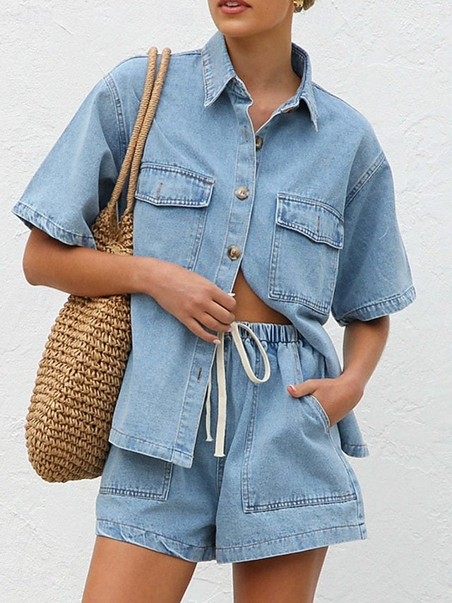 Women's Shorts Sets Bolero Top Short Sleeve Shirt Collar