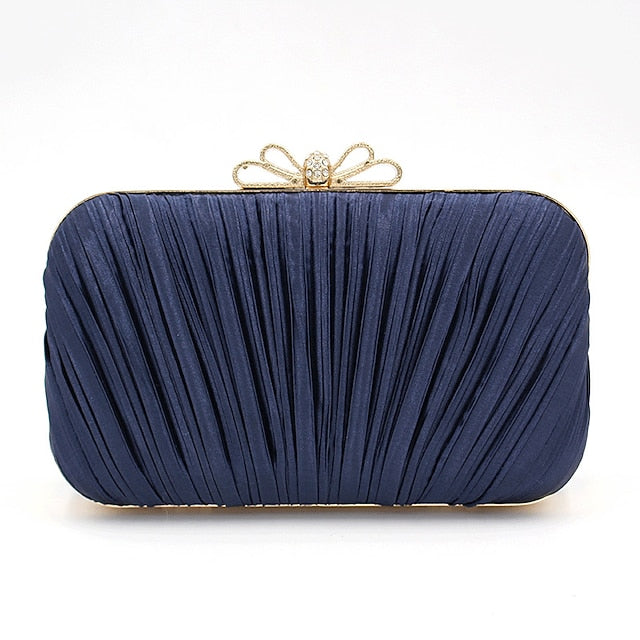 Bow Pleated Clutch Elegant Bag White Rhinestone Women's –