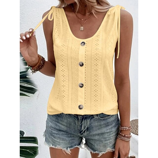 Women's Tank Top Eyelet Buttons Plain Fashion Stylish