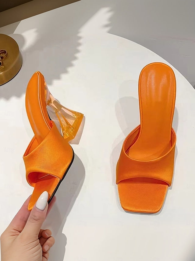 Transparent Satin Open-Toe Green Mules Block for with Heels