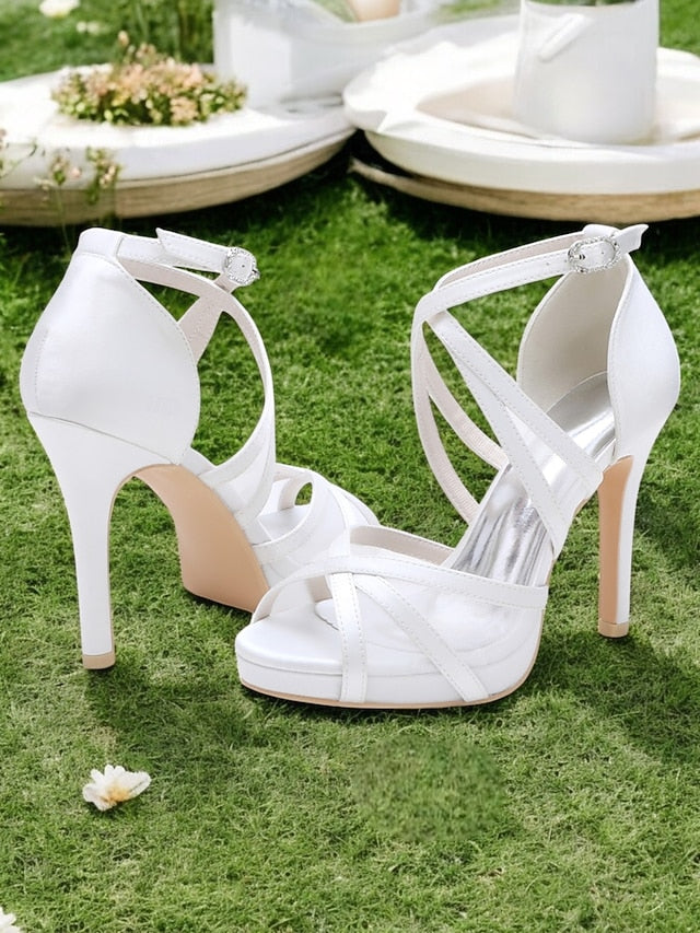 with Straps Satin White Sandals - Perfect Cross Bridal High Heel