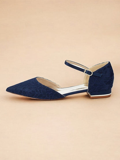 Women's Ankle Strap Navy Blue with Pointed and Lace Flats