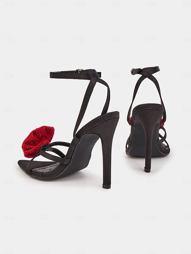 Sandals Black with Embellishments - High Red Heel Floral Chic