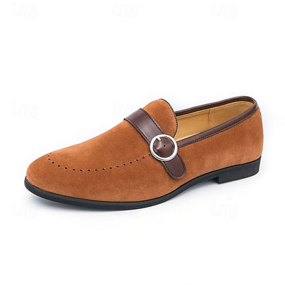 Loafers Buckle Slip-On Strap Brown Suede with Faux Men's