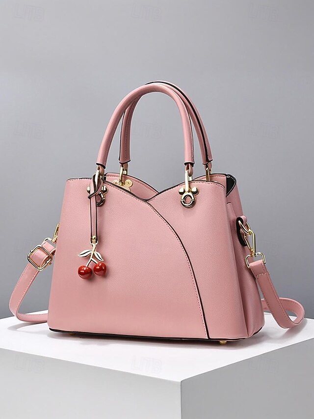 Women's Cherry Charm Faux Leather Handbag with Top Handle