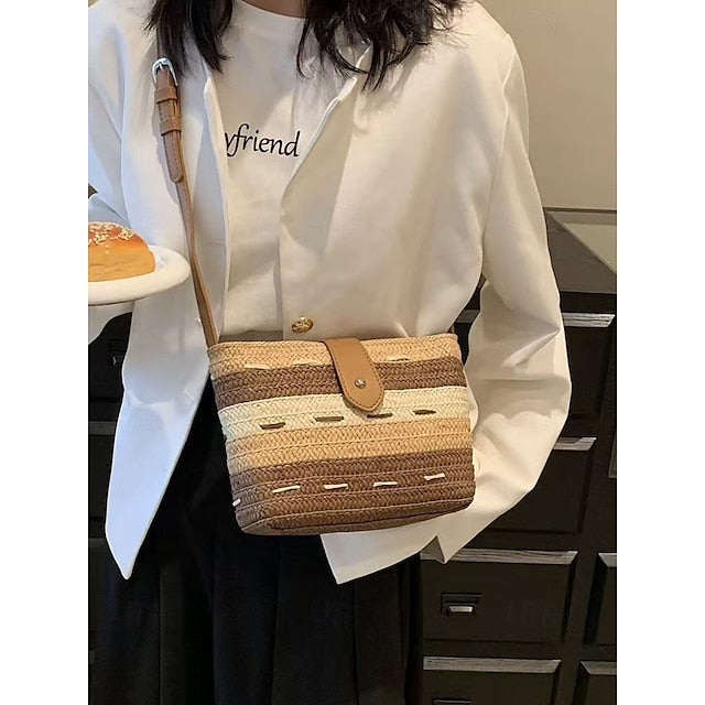 Striped with Bag Colorblock Women's Straw Woven Brown Tote