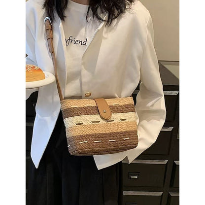 Woven with Women's Colorblock Straw Striped Brown Tote Bag