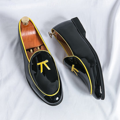 Patent Faux with Trim Loafers Yellow Men's Leather Black