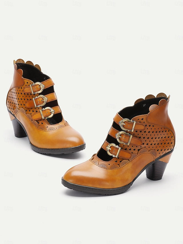 Boots Vintage Brown Strap Buckle Women's - Ankle Perforated