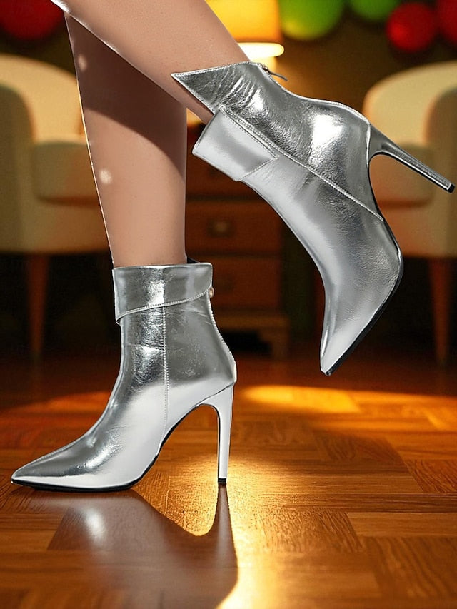 Boots Stiletto - Metallic Pointed Ankle Gold Toe Women's