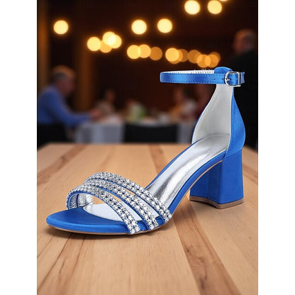 Purple Block with Sandals Rhinestone Heel Women's Satin
