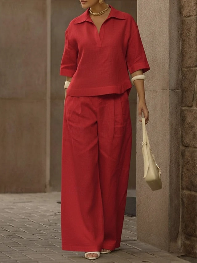 Women's Cotton Linen Sets Pants Sets 3/4 Length Sleeve V
