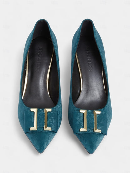 Pointed Teal - Women's Pumps Velvet Elegant Heel Kitten Toe