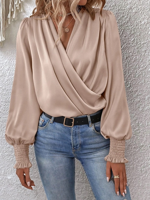 Women's Shirt Elegant Dressy Satin Top Ruched Solid Color