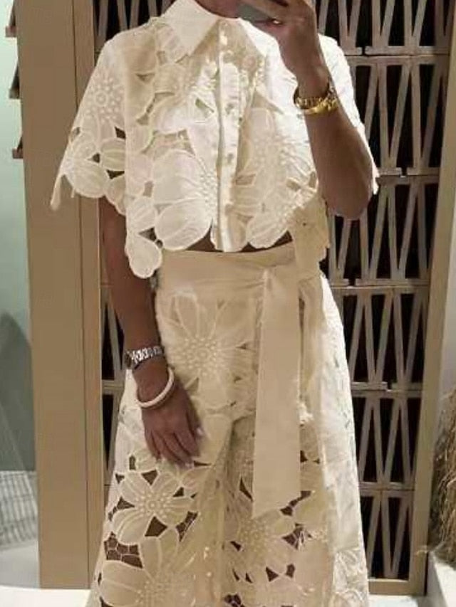 Women's Lace Shirt Wide Leg Pants Short Sleeve Shirt Collar