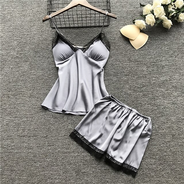 Women's Lace Satin Silk Pajamas Sets 4 Pcs Home Party Daily