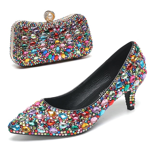 Matching Women's Heel Kitten Crystal-Embellished Shoes and