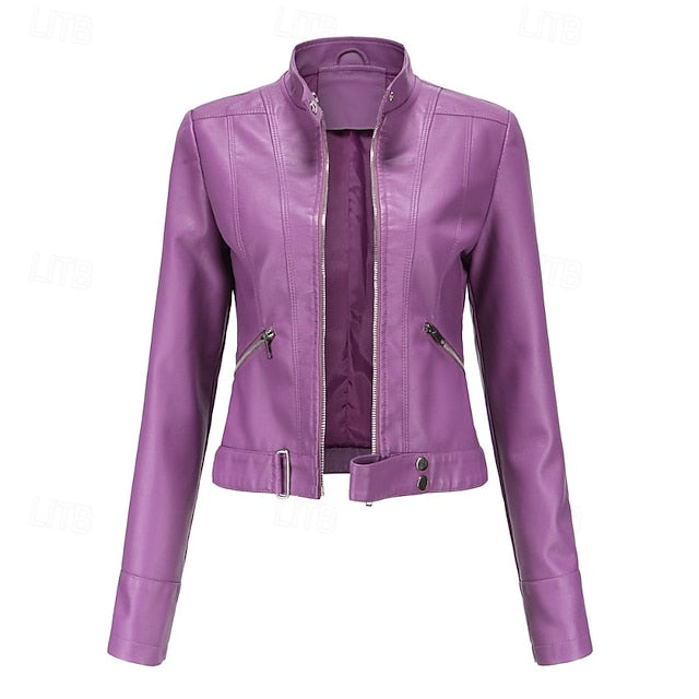 Faux Zipper Jacket Pocket Leather Women's Comfortable