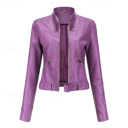 Faux Zipper Jacket Pocket Leather Women's Comfortable