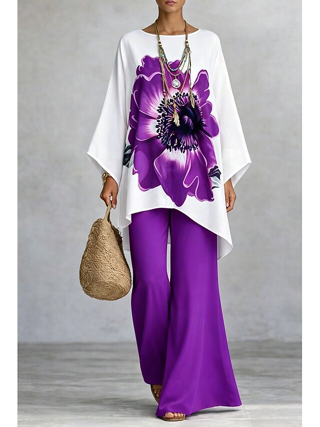 Women's Pants Sets Long Sleeve Round Neck Floral Graphic