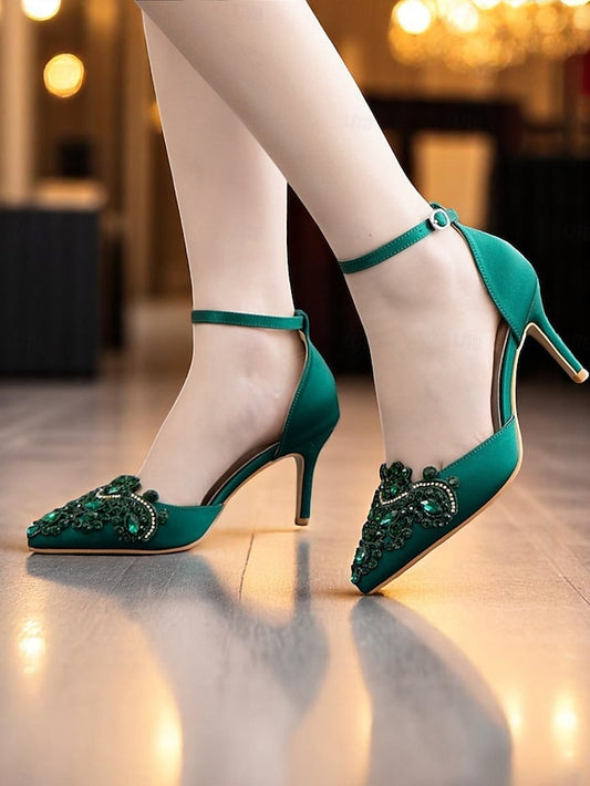 Green Pointed Heels Satin Emerald – Strap Women's Ankle