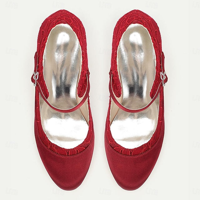Satin Comfortable - Heels Elegant Red Women's Lace Mid-Heel
