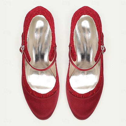 Satin Comfortable - Heels Elegant Red Women's Lace Mid-Heel