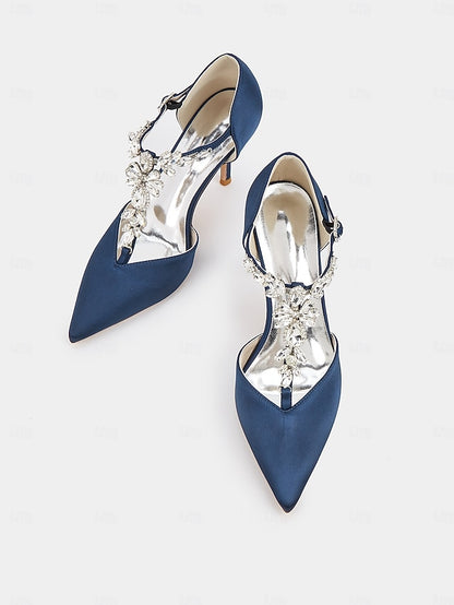 T-Strap – Toe Heels Blue Women's Navy Pointed Satin