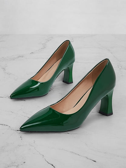 Green Leather Glossy Pumps Patent Heel Faux Block Pointed-Toe