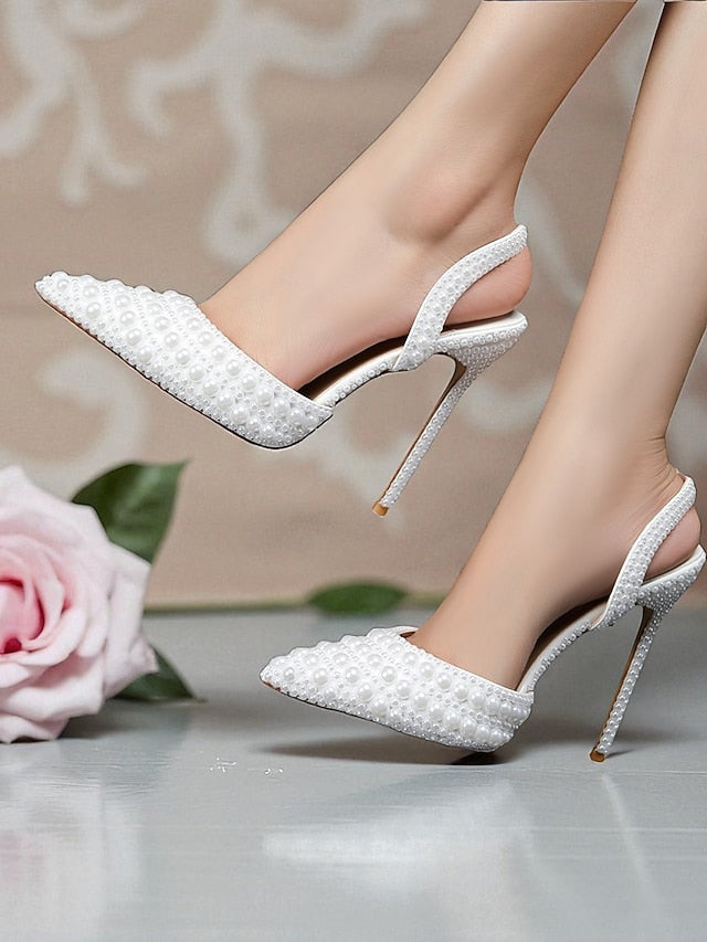 Leather - Heels Slingback Pearl-Embellished Women's White