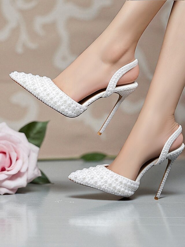 Women's White Leather Heels Slingback Pearl-Embellished -