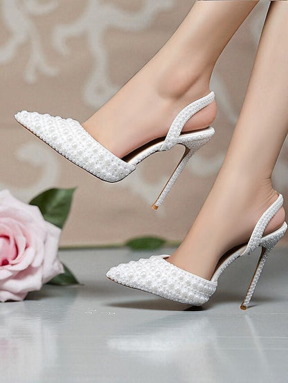 Women's White Leather Heels Slingback Pearl-Embellished -
