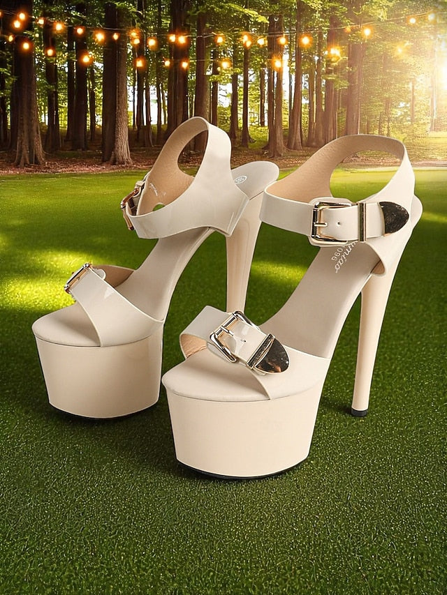Patent Gold Buckle Platform Heels White Women's High with