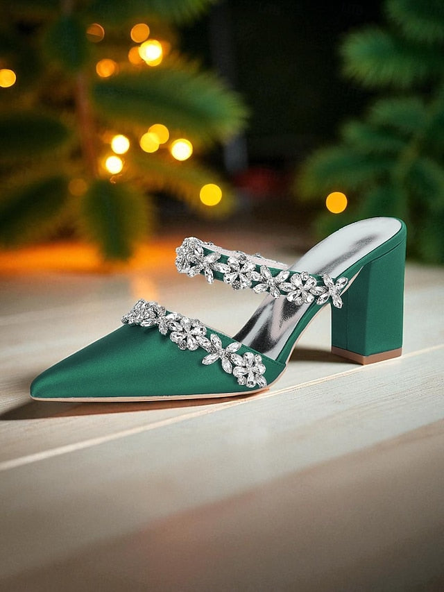 Black Satin Women's Rhinestone Mules Floral with Block Heel