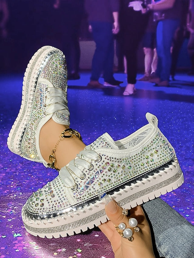 with Rhinestone Sneakers Sparkling Women's Accents Silver