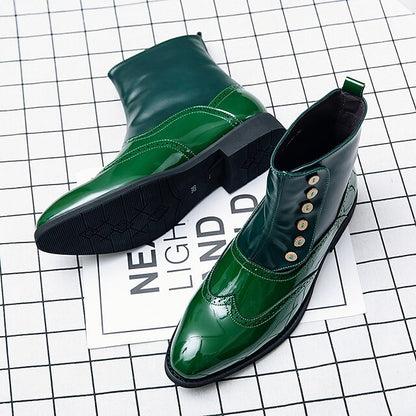 Wingtip Green Button Stylish Boots - Leather Vintage Men's